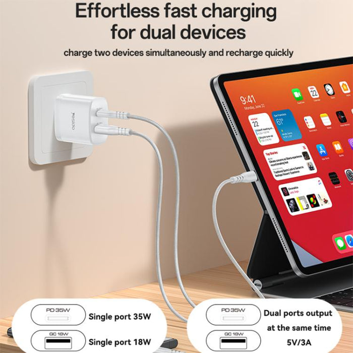 Yesido PD35W, kit de cargador rápido USB tipo C con cable tipo C a tipo C., US Plug, EU Plug, UK Plug