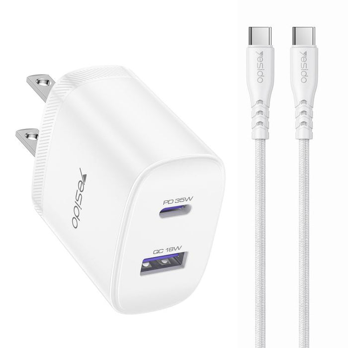 Yesido PD35W, kit de cargador rápido USB tipo C con cable tipo C a tipo C., US Plug, EU Plug, UK Plug