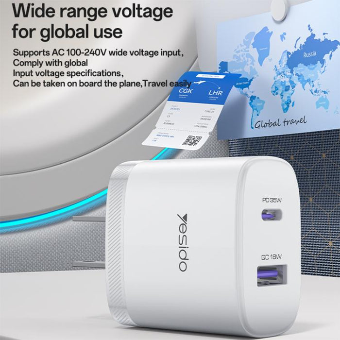 Yesido PD35W, kit de cargador rápido USB tipo C con cable tipo C a tipo C., US Plug, EU Plug, UK Plug