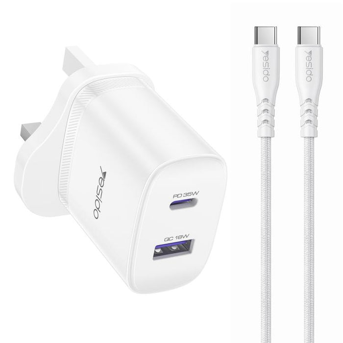 Yesido PD35W, kit de cargador rápido USB tipo C con cable tipo C a tipo C., US Plug, EU Plug, UK Plug