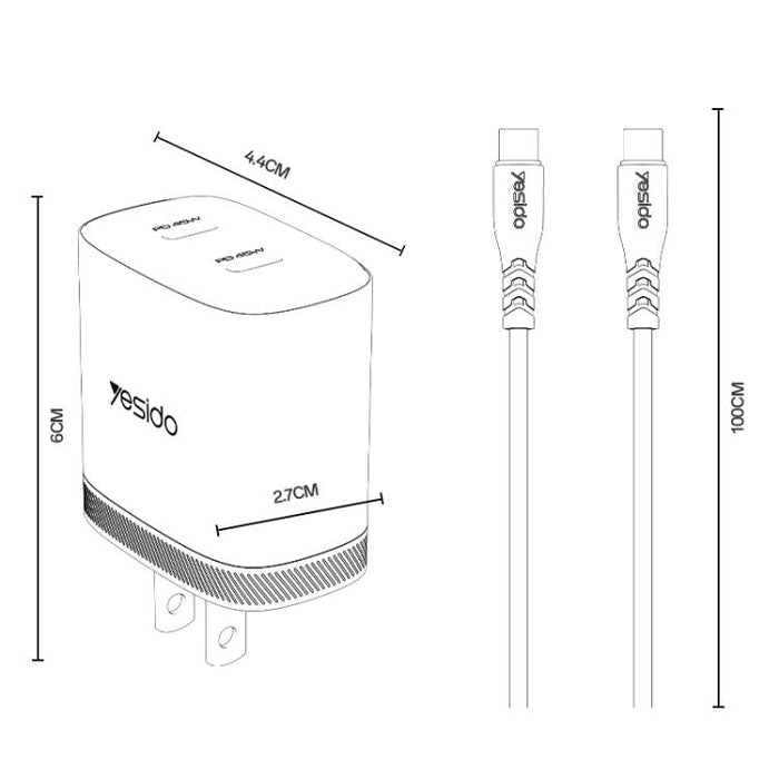 Kit de cargador rápido doble USB-C Yesido PD45W con cable USB-C a USB-C., US Plug, EU Plug, UK Plug