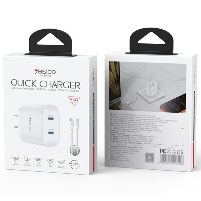 Kit de cargador rápido doble USB-C Yesido PD45W con cable USB-C a USB-C., US Plug, EU Plug, UK Plug