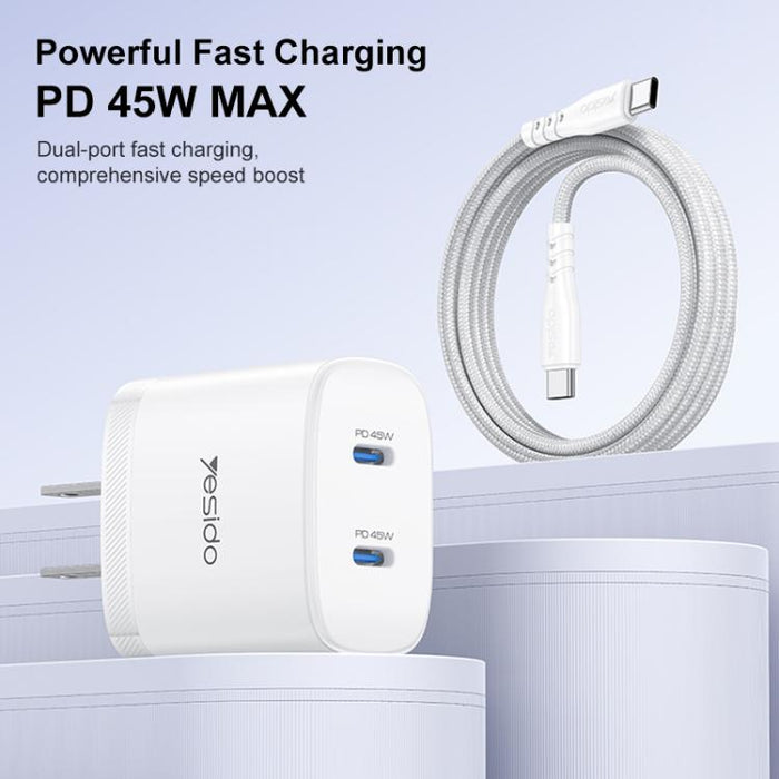 Kit de cargador rápido doble USB-C Yesido PD45W con cable USB-C a USB-C., US Plug, EU Plug, UK Plug
