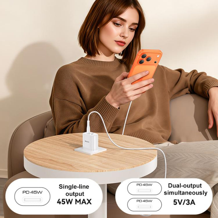 Kit de cargador rápido doble USB-C Yesido PD45W con cable USB-C a USB-C., US Plug, EU Plug, UK Plug
