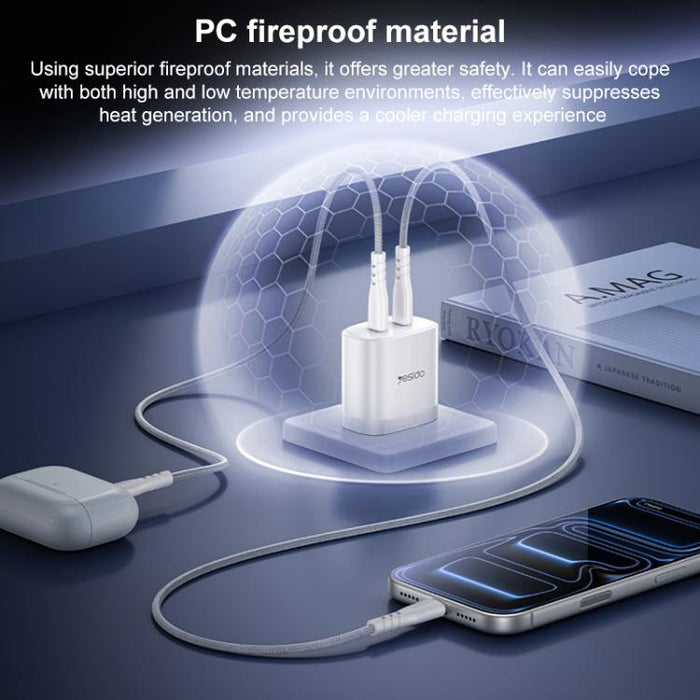 Kit de cargador rápido doble USB-C Yesido PD45W con cable USB-C a USB-C., US Plug, EU Plug, UK Plug
