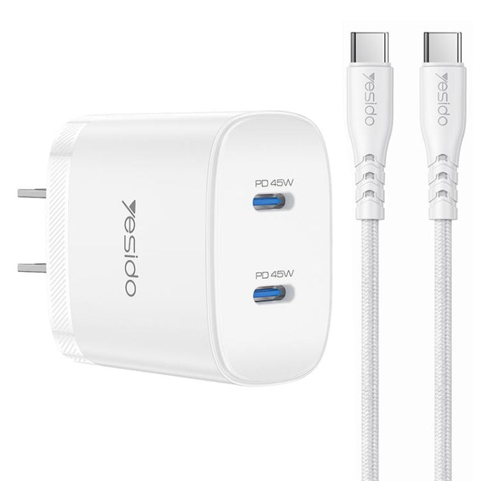 Kit de cargador rápido doble USB-C Yesido PD45W con cable USB-C a USB-C., US Plug, EU Plug, UK Plug