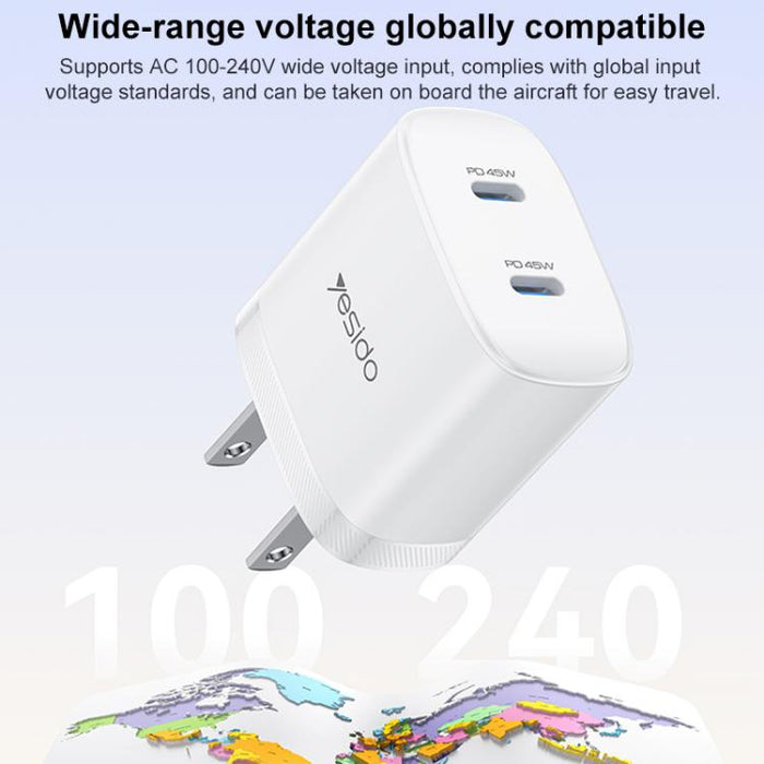 Kit de cargador rápido doble USB-C Yesido PD45W con cable USB-C a USB-C., US Plug, EU Plug, UK Plug