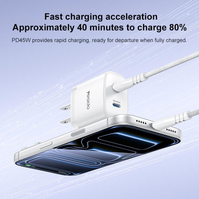 Kit de cargador rápido doble USB-C Yesido PD45W con cable USB-C a USB-C., US Plug, EU Plug, UK Plug