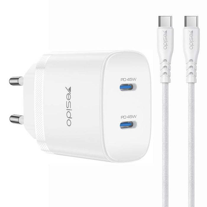 Kit de cargador rápido doble USB-C Yesido PD45W con cable USB-C a USB-C., US Plug, EU Plug, UK Plug