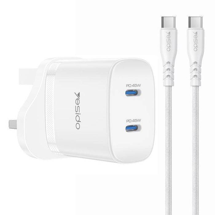 Kit de cargador rápido doble USB-C Yesido PD45W con cable USB-C a USB-C., US Plug, EU Plug, UK Plug