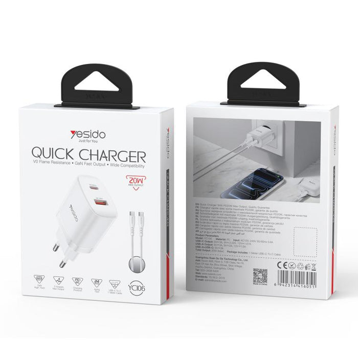 Conjunto de cargador Yesido YC106 PD20W USB-C/Tipo-C y QC18W USB-A con doble puerto y cable Tipo-C a Tipo-C., YC106