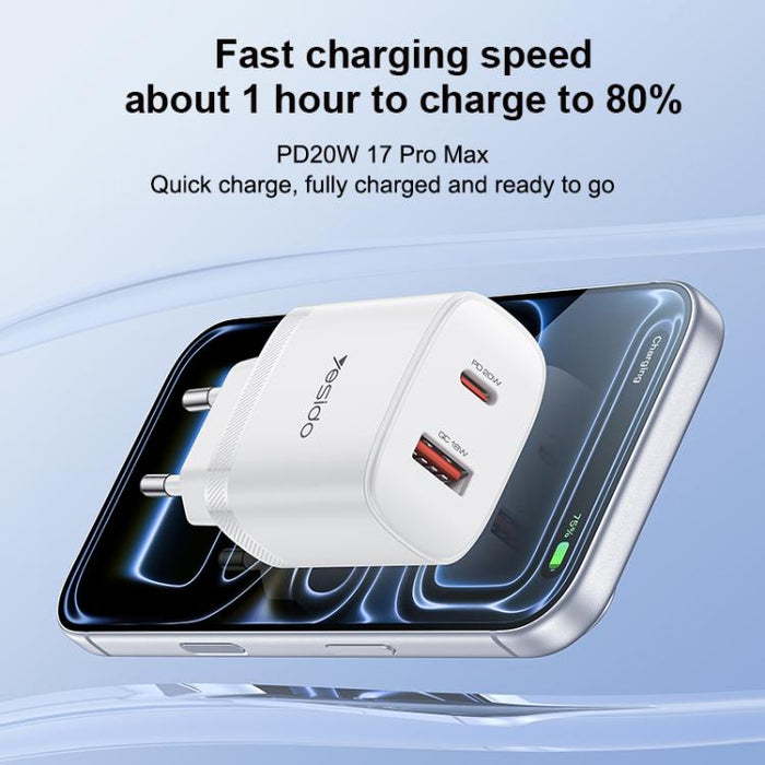 Conjunto de cargador Yesido YC106 PD20W USB-C/Tipo-C y QC18W USB-A con doble puerto y cable Tipo-C a Tipo-C., YC106