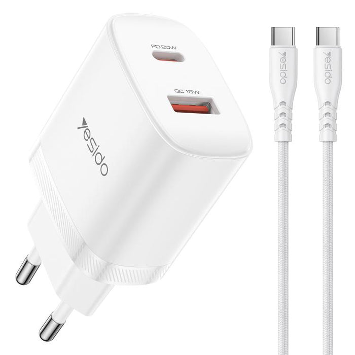 Conjunto de cargador Yesido YC106 PD20W USB-C/Tipo-C y QC18W USB-A con doble puerto y cable Tipo-C a Tipo-C., YC106