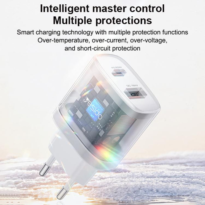 Conjunto de cargador Yesido YC106 PD20W USB-C/Tipo-C y QC18W USB-A con doble puerto y cable Tipo-C a Tipo-C., YC106