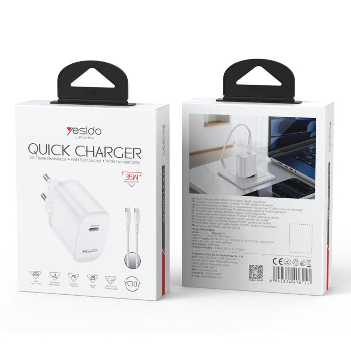 Cargador rápido Yesido YC107 PD35W USB-C / Tipo-C de un solo puerto con cable Tipo-C a Tipo-C., YC107