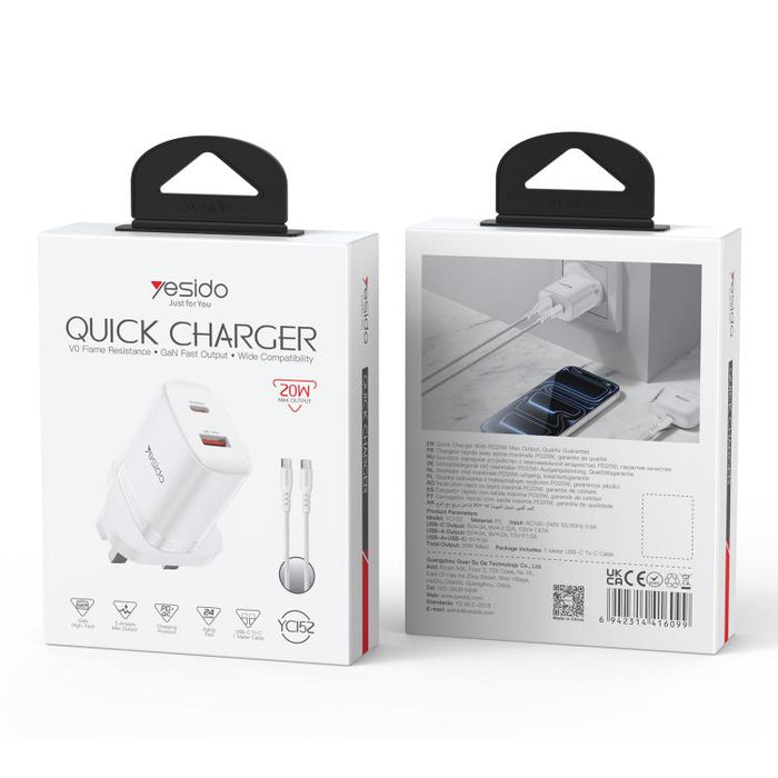 Conjunto de cargador Yesido YC152 PD20W USB-C/Tipo-C y QC18W USB-A con doble puerto y cable Tipo-C a Tipo-C., YC152