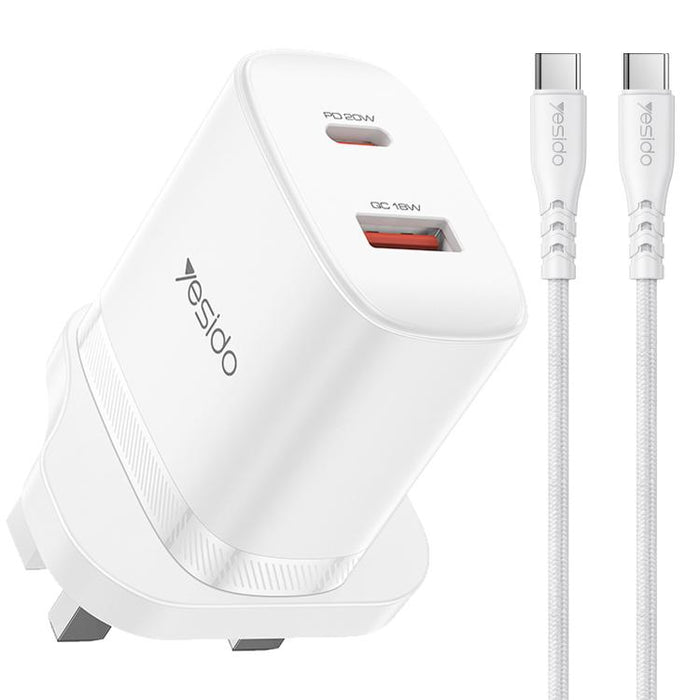 Conjunto de cargador Yesido YC152 PD20W USB-C/Tipo-C y QC18W USB-A con doble puerto y cable Tipo-C a Tipo-C., YC152