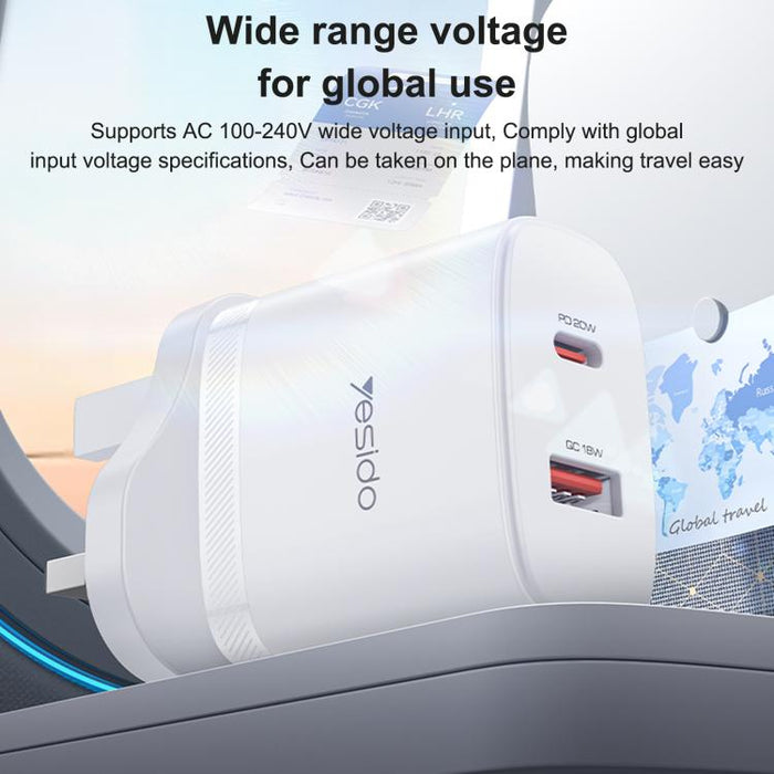 Conjunto de cargador Yesido YC152 PD20W USB-C/Tipo-C y QC18W USB-A con doble puerto y cable Tipo-C a Tipo-C., YC152