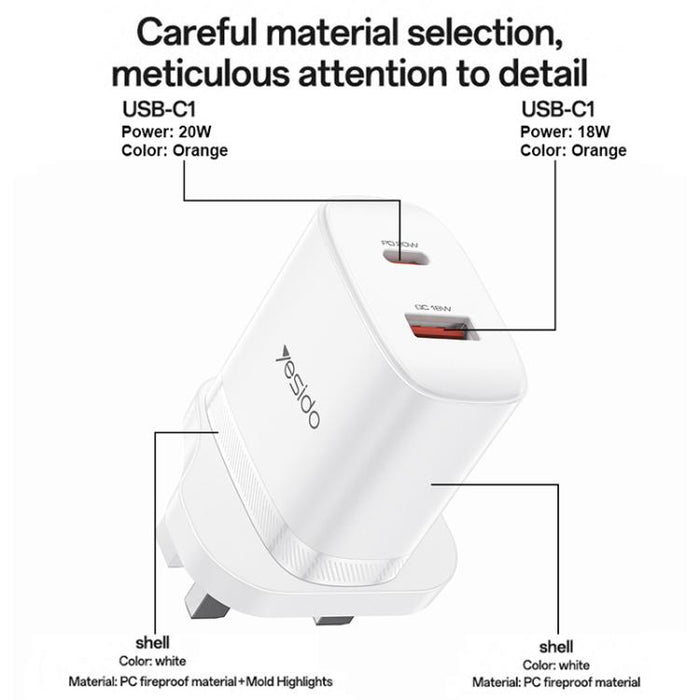 Conjunto de cargador Yesido YC152 PD20W USB-C/Tipo-C y QC18W USB-A con doble puerto y cable Tipo-C a Tipo-C., YC152