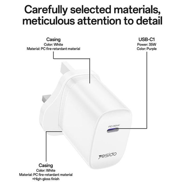 Yesido YC153 PD35W Cargador rápido de un solo puerto USB-C/Tipo-C con cable Tipo-C a Tipo-C, YC153
