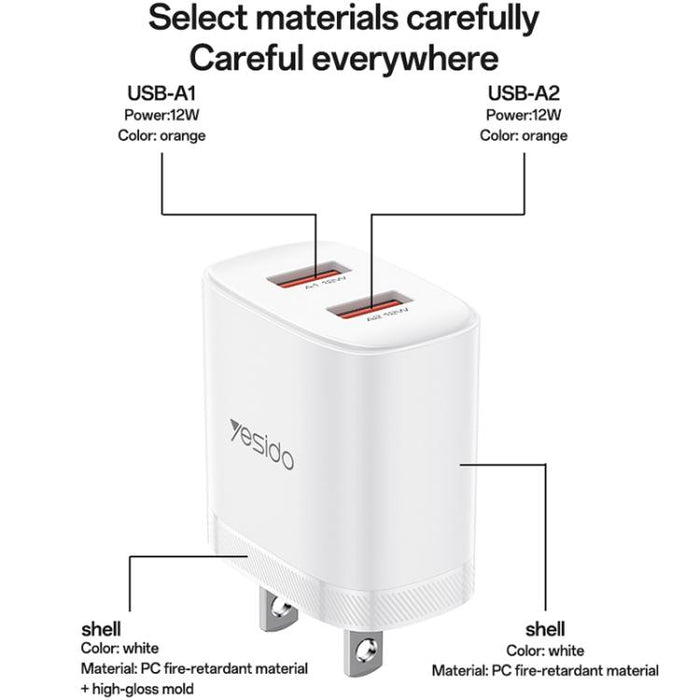 Cargador Yesido YC17U de 12 W y 2,4 A con dos puertos USB y cable de datos USB a tipo C de 1 m., YC17U