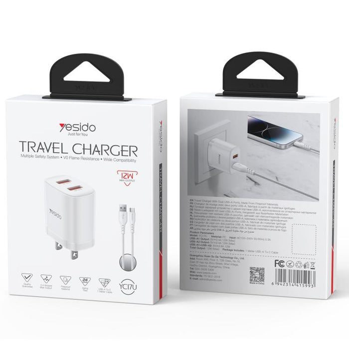 Cargador Yesido YC17U de 12 W y 2,4 A con dos puertos USB y cable de datos USB a tipo C de 1 m., YC17U