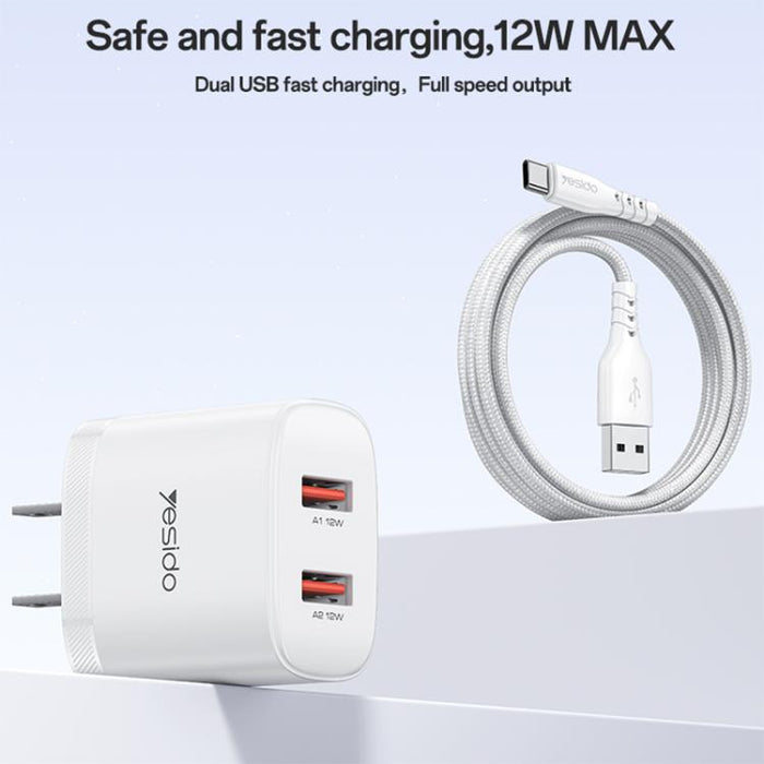 Cargador Yesido YC17U de 12 W y 2,4 A con dos puertos USB y cable de datos USB a tipo C de 1 m., YC17U
