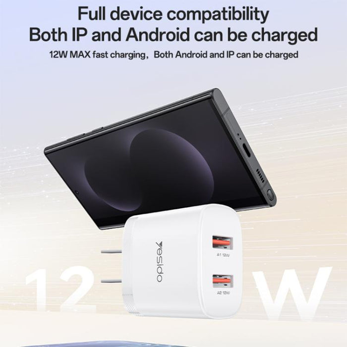 Cargador Yesido YC17U de 12 W y 2,4 A con dos puertos USB y cable de datos USB a tipo C de 1 m., YC17U