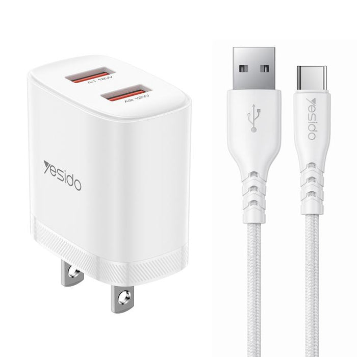 Cargador Yesido YC17U de 12 W y 2,4 A con dos puertos USB y cable de datos USB a tipo C de 1 m., YC17U