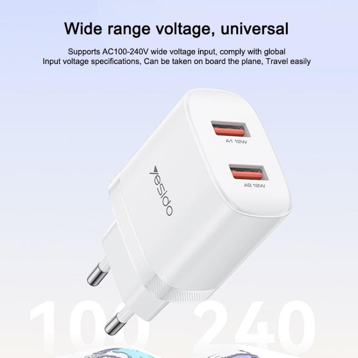 Cargador Yesido YC104 de 12 W y 2,4 A con dos puertos USB y cable de datos USB a tipo C de 1 m., YC104