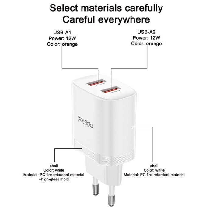 Cargador Yesido YC104 de 12 W y 2,4 A con dos puertos USB y cable de datos USB a tipo C de 1 m., YC104