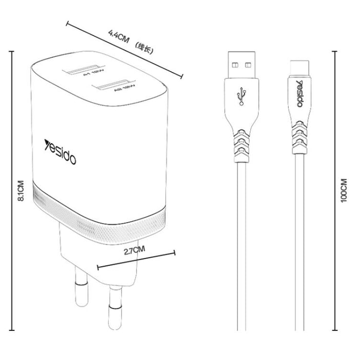 Cargador Yesido YC104 de 12 W y 2,4 A con dos puertos USB y cable de datos USB a tipo C de 1 m., YC104