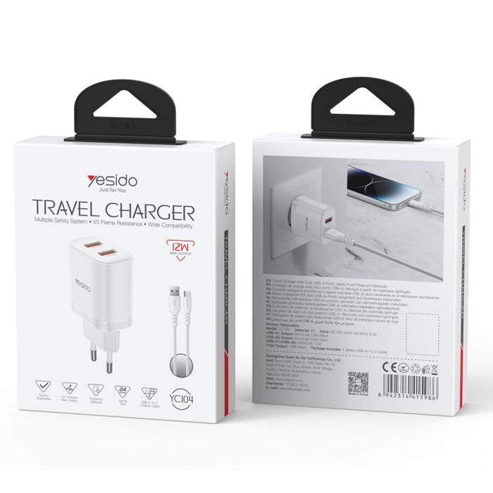 Cargador Yesido YC104 de 12 W y 2,4 A con dos puertos USB y cable de datos USB a tipo C de 1 m., YC104