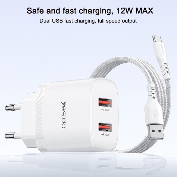 Cargador Yesido YC104 de 12 W y 2,4 A con dos puertos USB y cable de datos USB a tipo C de 1 m., YC104