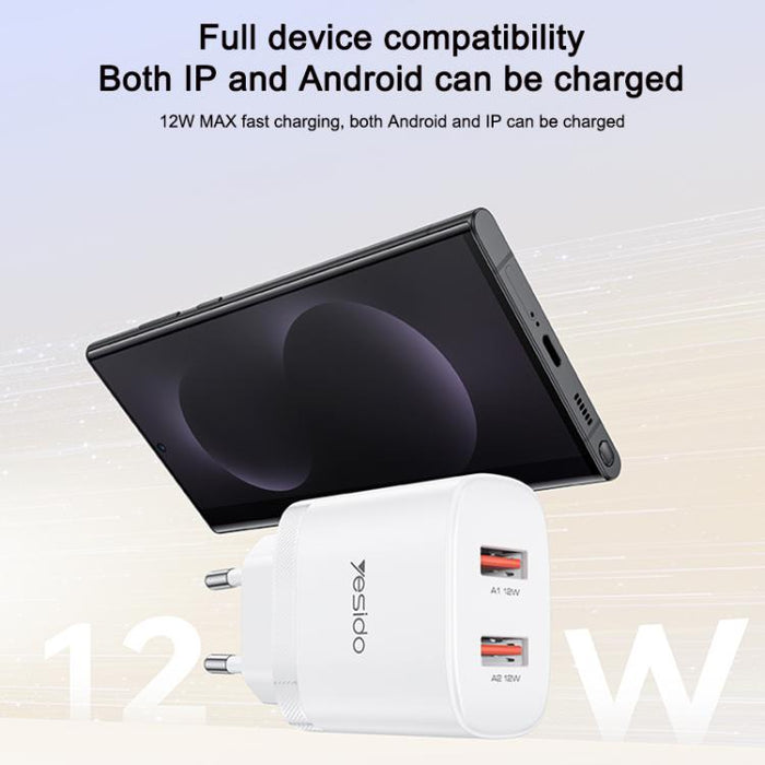 Cargador Yesido YC104 de 12 W y 2,4 A con dos puertos USB y cable de datos USB a tipo C de 1 m., YC104