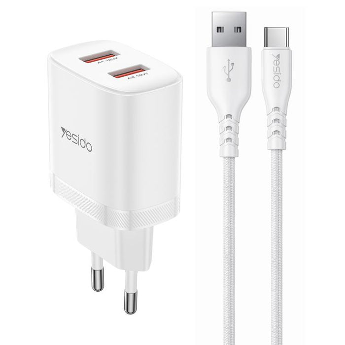 Cargador Yesido YC104 de 12 W y 2,4 A con dos puertos USB y cable de datos USB a tipo C de 1 m., YC104