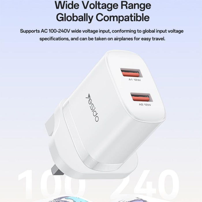 Cargador Yesido YC150 de 12 W y 2,4 A con dos puertos USB y cable de datos USB a tipo C de 1 m., YC150