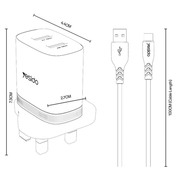 Cargador Yesido YC150 de 12 W y 2,4 A con dos puertos USB y cable de datos USB a tipo C de 1 m., YC150