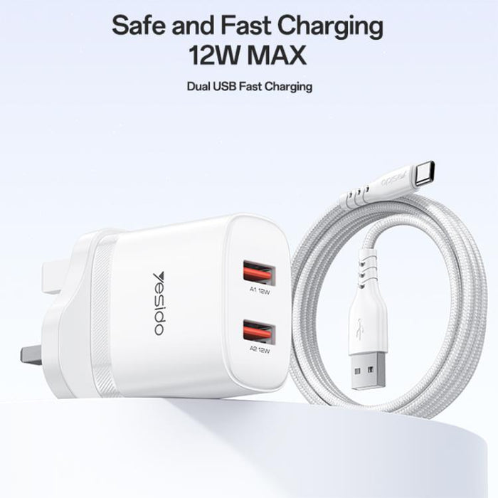 Cargador Yesido YC150 de 12 W y 2,4 A con dos puertos USB y cable de datos USB a tipo C de 1 m., YC150