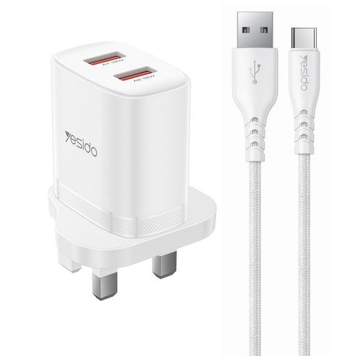 Cargador Yesido YC150 de 12 W y 2,4 A con dos puertos USB y cable de datos USB a tipo C de 1 m., YC150