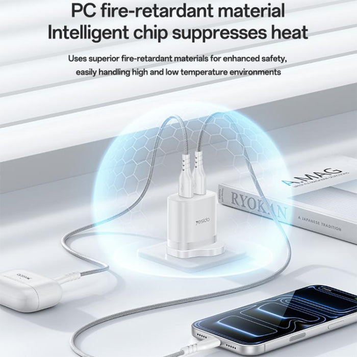 Cargador Yesido YC150 de 12 W y 2,4 A con dos puertos USB y cable de datos USB a tipo C de 1 m., YC150