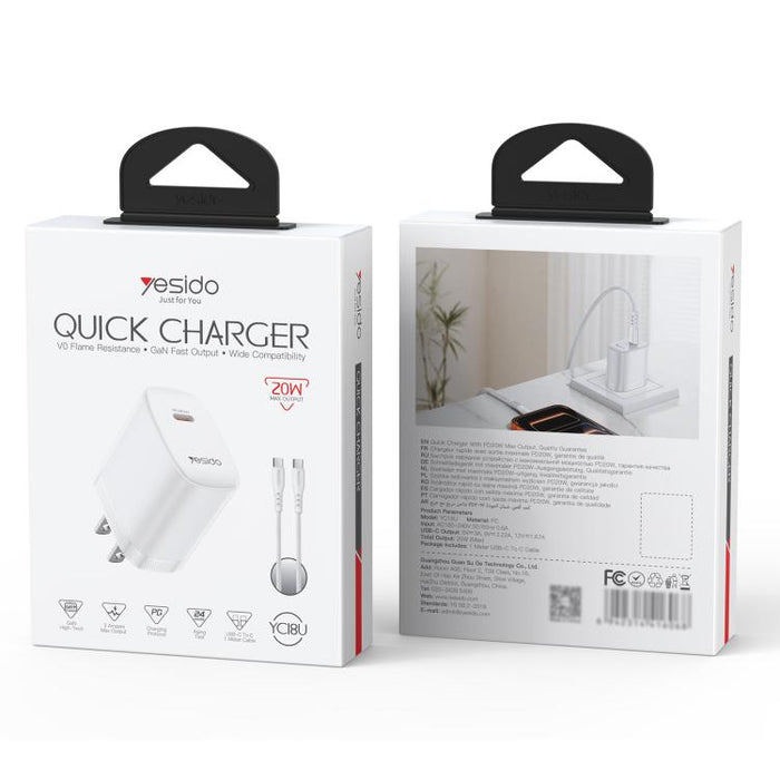 Conjunto de cargador Yesido YC18U PD20W Tipo-C con cable de datos Tipo-C a Tipo-C de 1 m, YC18U
