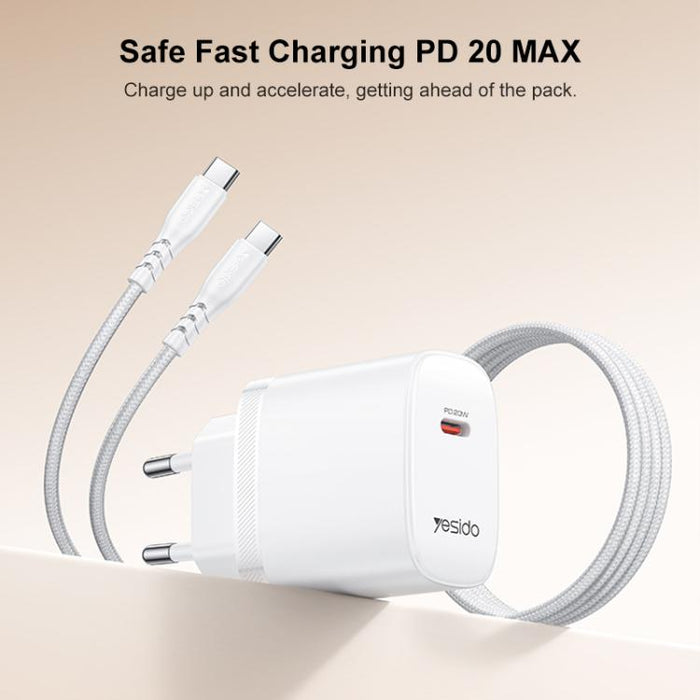 Conjunto de cargador Yesido YC105 PD20W Tipo-C con cable de datos Tipo-C a Tipo-C de 1 m, YC105