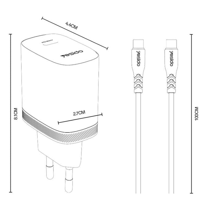 Conjunto de cargador Yesido YC105 PD20W Tipo-C con cable de datos Tipo-C a Tipo-C de 1 m, YC105