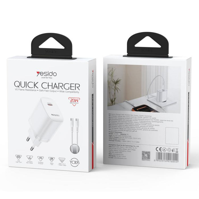 Conjunto de cargador Yesido YC105 PD20W Tipo-C con cable de datos Tipo-C a Tipo-C de 1 m, YC105