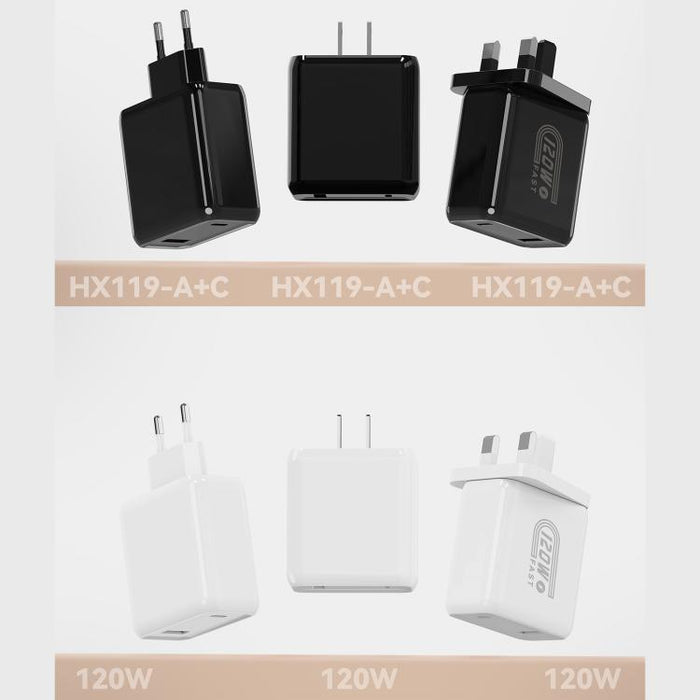 Cargador rápido HX119 de 120 W con interfaz dual USB y Tipo-C, EU Plug, UK Plug, US Plug