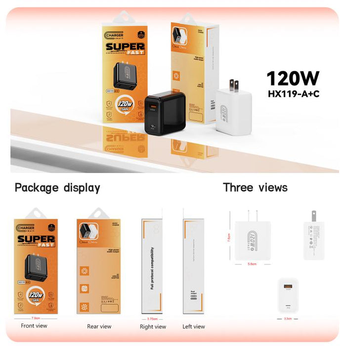 Cargador rápido HX119 de 120 W con interfaz dual USB y Tipo-C, EU Plug, UK Plug, US Plug