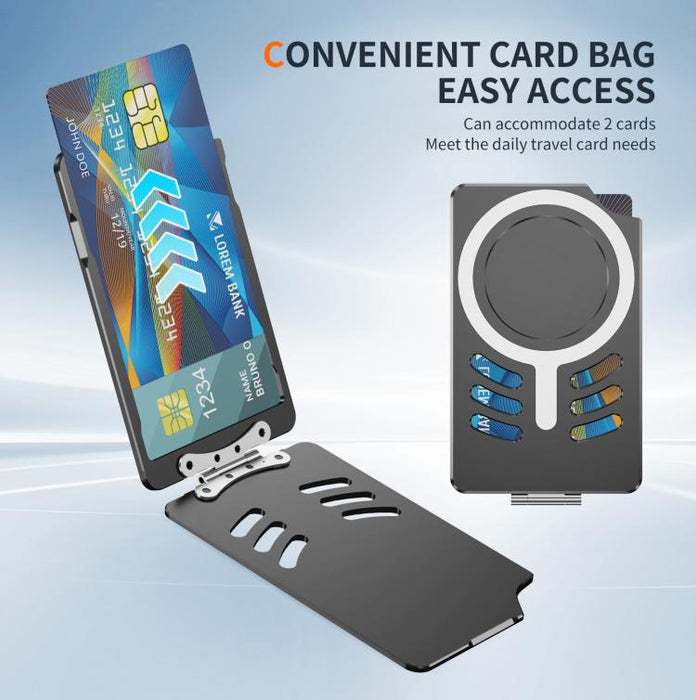 Bolsa magnética metálica con clip para tarjetas y soporte plegable