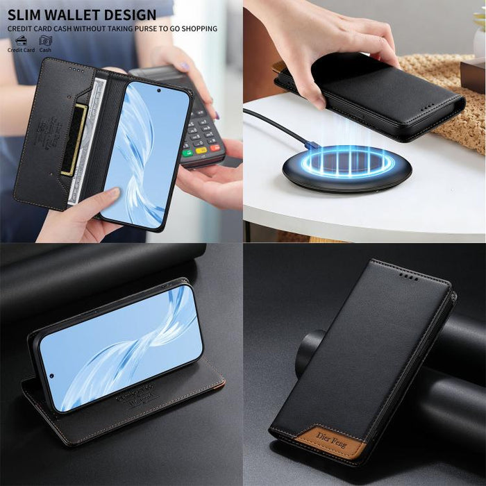 Funda para teléfono Dierfeng Splicing de cuero vegano con imán RFID resistente, For Redmi Note 14 Pro 5G / Note 14 Pro+ 5G, For Redmi Note 14 Pro 4G, For Redmi Note 14 4G 163.25mm, For Redmi 14C 4G / 14R / A4 5G, For Redmi K70 Ultra                    ...