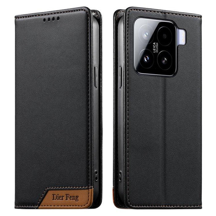 Funda para teléfono Dierfeng Splicing de cuero vegano con imán RFID resistente, For Xiaomi 15, For Xiaomi 14T Pro, For Xiaomi 14T, For Xiaomi Poco F6 / Redmi Turbo 3